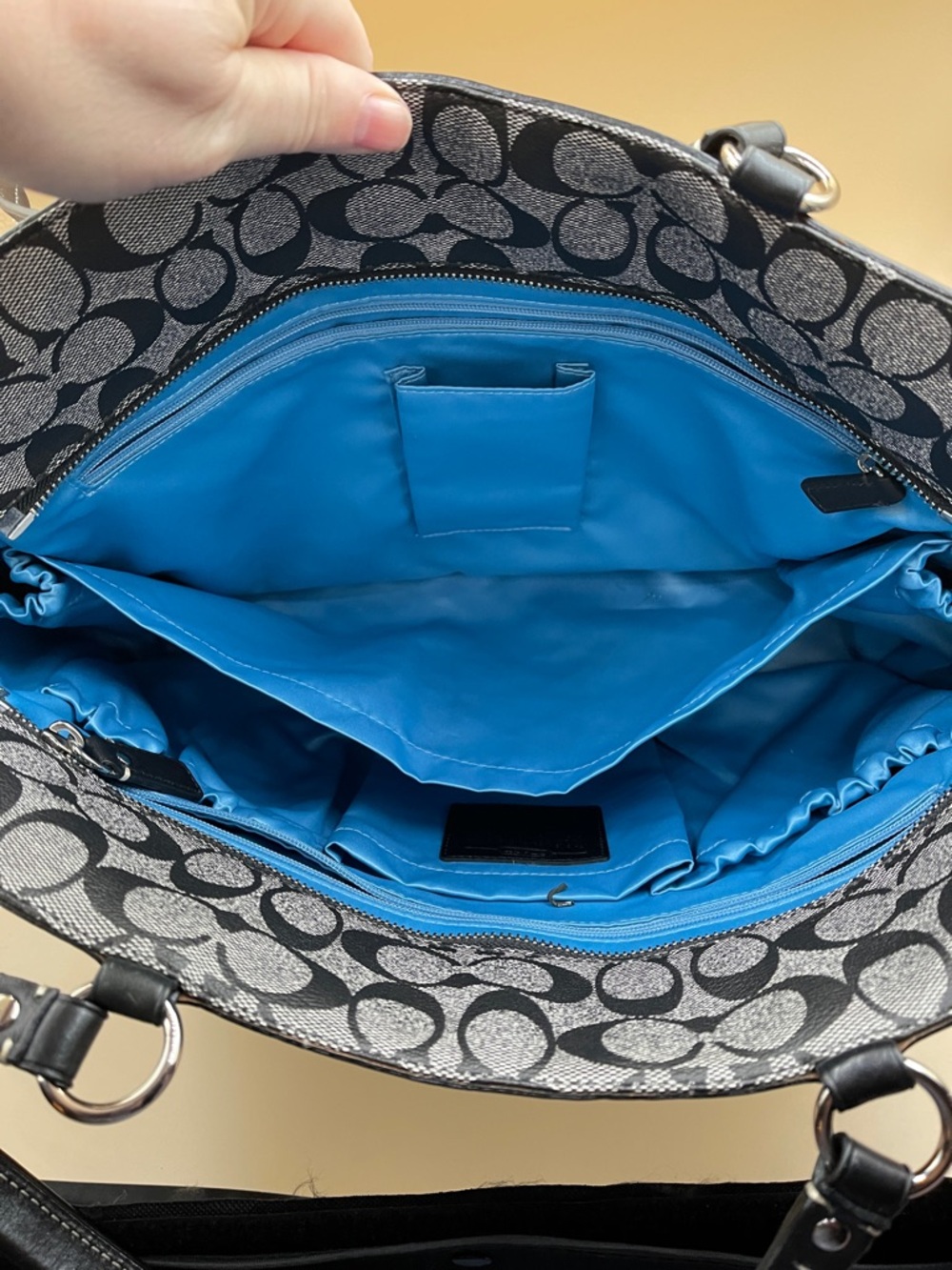 Coach Signature Stripe Tote Black and Light Gray Denim Canvas Look Work or Baby - Picture 5 of 11